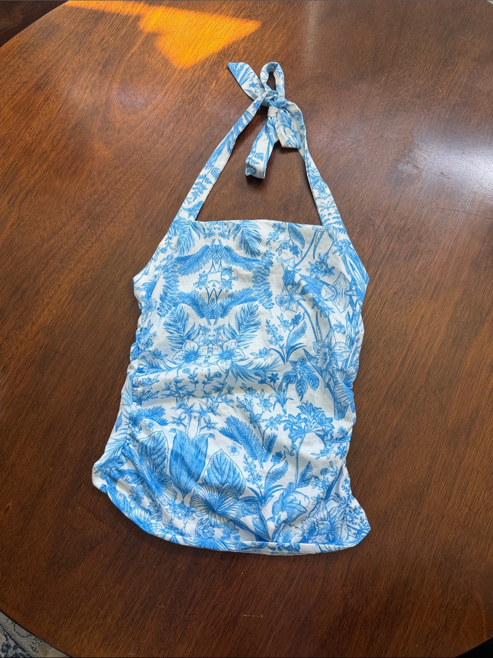 SHEIN Blue & White Floral Halter Bodysuit